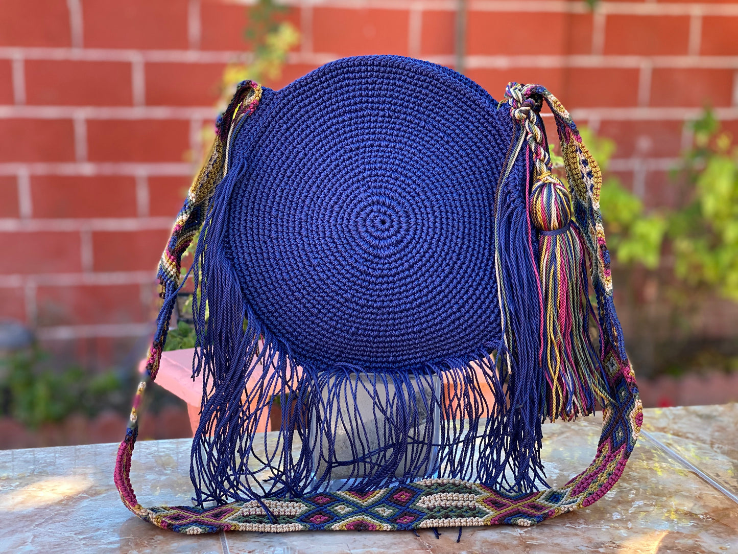 Wayuu Circular Boho Bag - Navy Blue Combination